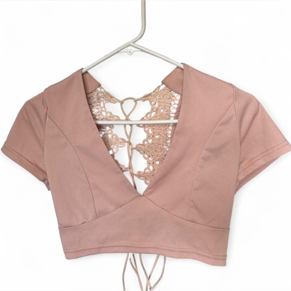 Elegant Lace-Back Blush Crop Top